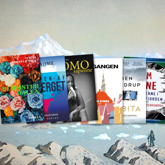 Forsider af romaner af grønlandske forfattere på baggrund af tegning af Andreas Andreas Kornerup, 1876 (NatMus).