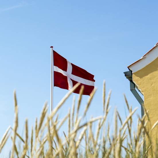 Dansk flag ses mod en lys blå himmel