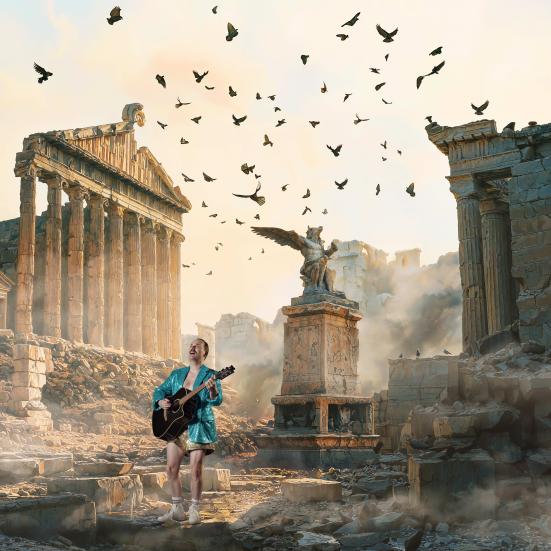 Mand i turkis jakke spiller guitar midt i græske ruiner