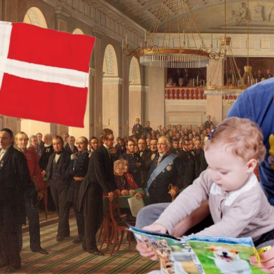 Foran Constantin Hansens maleri af den grundlovgivende forsamling sidder til højre en far og læser med sin datter. Til venstre står et Dannebrogsflag.