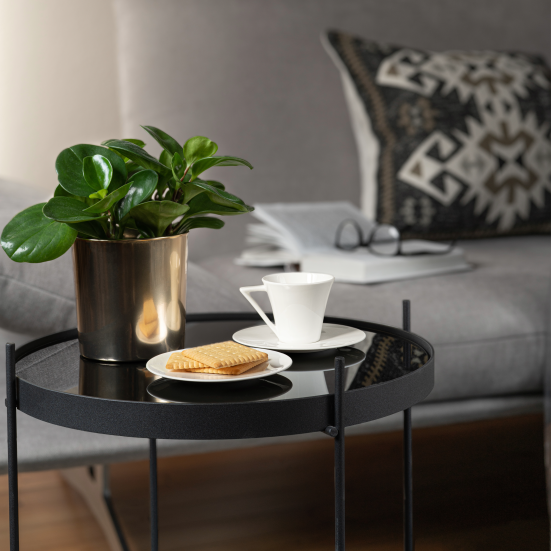 Et sofabord med kaffe og kiks. I baggrunden en opslået bog på en sofa