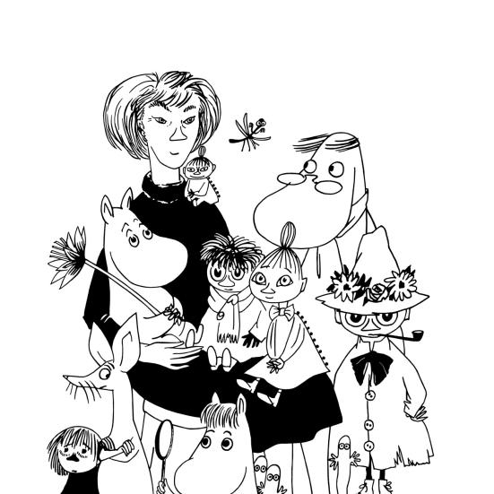 Tove Janssons selvportræt hvor hun er omgivet af Mumifigurer