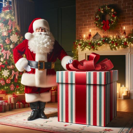 Julemanden står ved siden af en meget stor julegave i flot indpakning