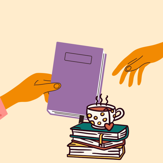 Collage af en stak bøger med en kaffekop ovenpå of en hånd der giver en bog til en anden hånd