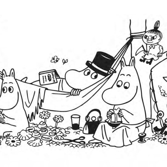 Mumifar ligger i hængekøjen omgivet af resten af karaktererne fra Mumidalen på jorden