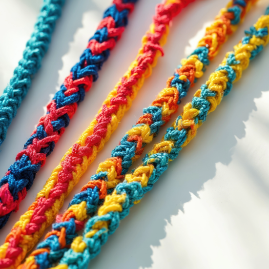 Farverige armbånd flettet med garnrester