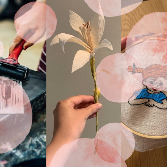 Collage af hænder der laver linoleumstryk, papirblomst og broderi