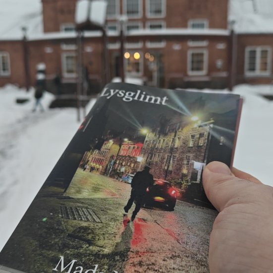 Mads Nygaards 'Lysglimt' i sneen foran Brønderslev Biblioteks hovedindgang. 