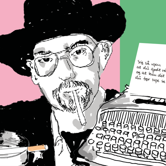 Stregtegning af Dan Turell med sort hat og cigaret. Foran ham står et askebæger og en skrivemaskine. Heri sidder et ark med et digt af Turell.