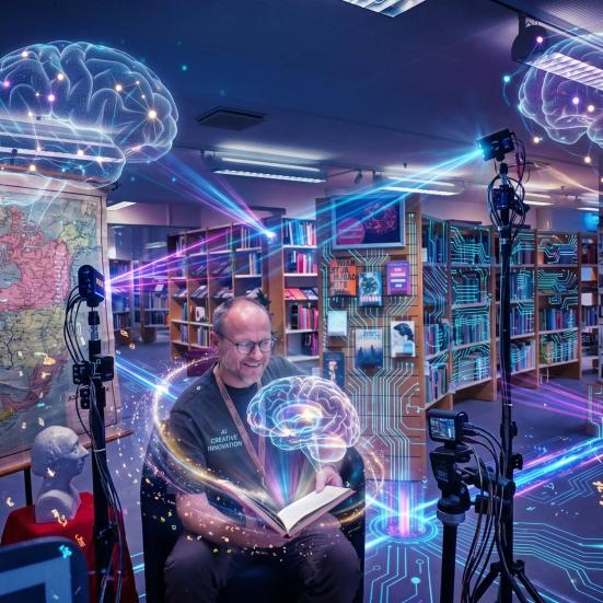 Kulturformidler Hans Wendelboe sidder mellem reolerne i udlånet og læser højt for flere digitale kameraer. Bag ham hænger et gammelt kort over Amerika. På bordet står en buste af H.C. Andersen.