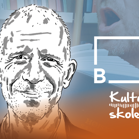 S7H-stregtegning af Fritids- og Kulturchef Rasmus Krogh. Til højre ses Brønderslev Biblioteks og Kulturskolens logoer. Som baggrund anes et underansigt og Højskolesangbogen. 