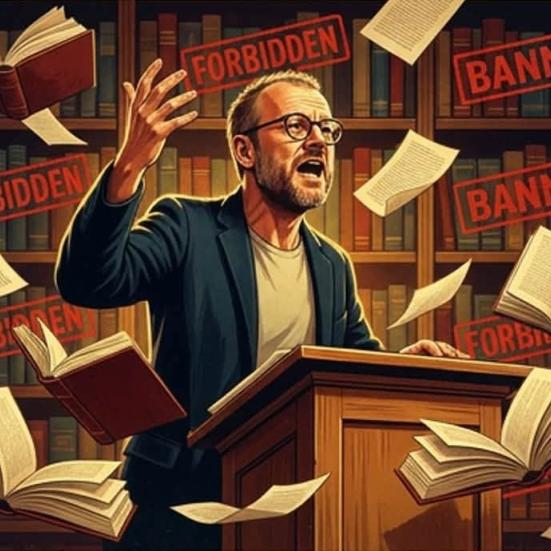 AI-genereret billede af kulturformidler Hans Wendelboe Bøcher i jakkesæt på en talerstol. Bag ham er en fyldt bogreol. Foran hver hylde er trykt teksten: "BANNED" og "FORBIDDEN". Foran og bag ham falder løse sider og hele bøger. Stemningen er alvorlig.