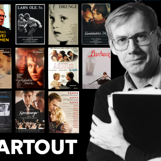 Collage. Nils Malmros med et filmmanuskript. Bag ham plakater til alle hans film.