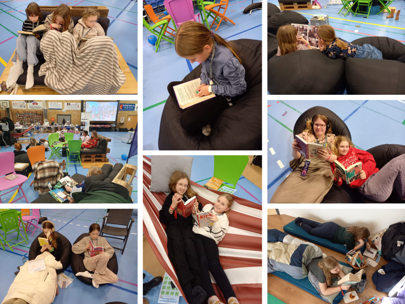 Glade børn der hygger med læsning