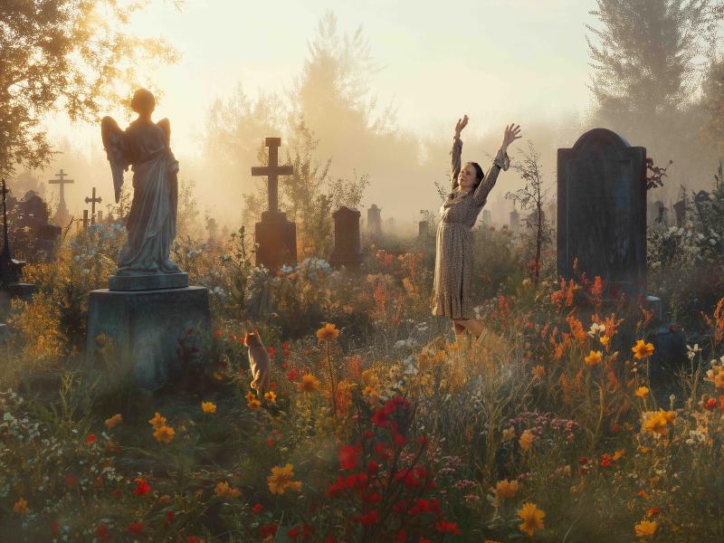 Kvinde står med armene i vejret mellem vilde blomster på en kirkegård