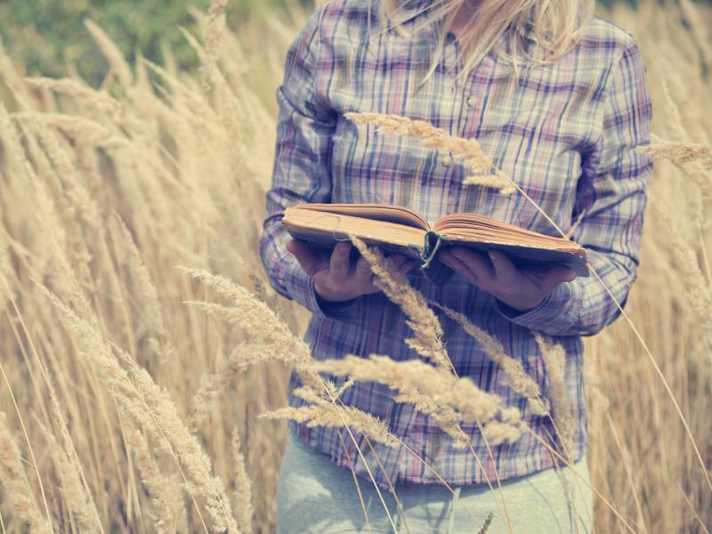 Kvinde i kornmark står og læser i en bog