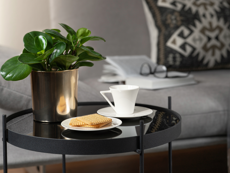 Et sofabord med kaffe og kiks. I baggrunden en opslået bog på en sofa