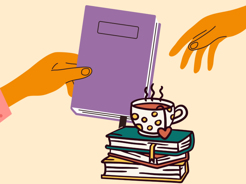 Collage af en stak bøger med en kaffekop ovenpå of en hånd der giver en bog til en anden hånd