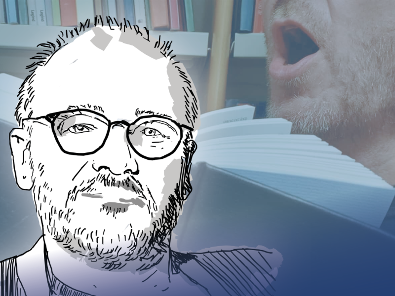 Stregtegning af Hans Wendelboe Bøcher på blåtonet billede af nærbillede af sanger med Højskolesangbogen.