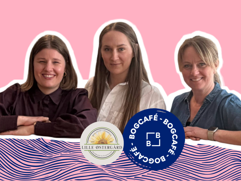 Ida, Julie og Jette står foran en lyserød baggrund.