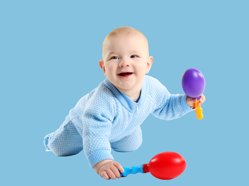 Smilende baby med rasleinstrumenter i hænderne