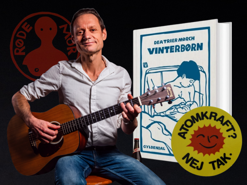 Tobias Trier sidder med en guitar. Ved siden af ham er Dea Trier Mørchs roman 'Vinterbørn' og logoet for 'Rødemor' og 'Atomkraft nej tak'.  