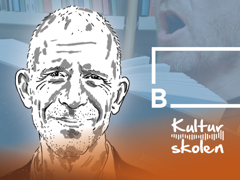 S7H-stregtegning af Fritids- og Kulturchef Rasmus Krogh. Til højre ses Brønderslev Biblioteks og Kulturskolens logoer. Som baggrund anes et underansigt og Højskolesangbogen. 