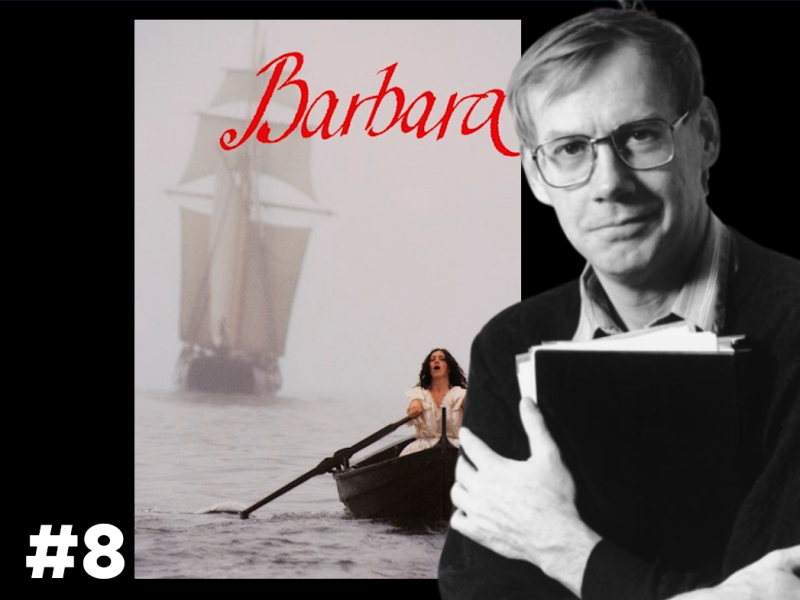 S/H-portræt af Nils Malmros foran plakaten til "Barbara"