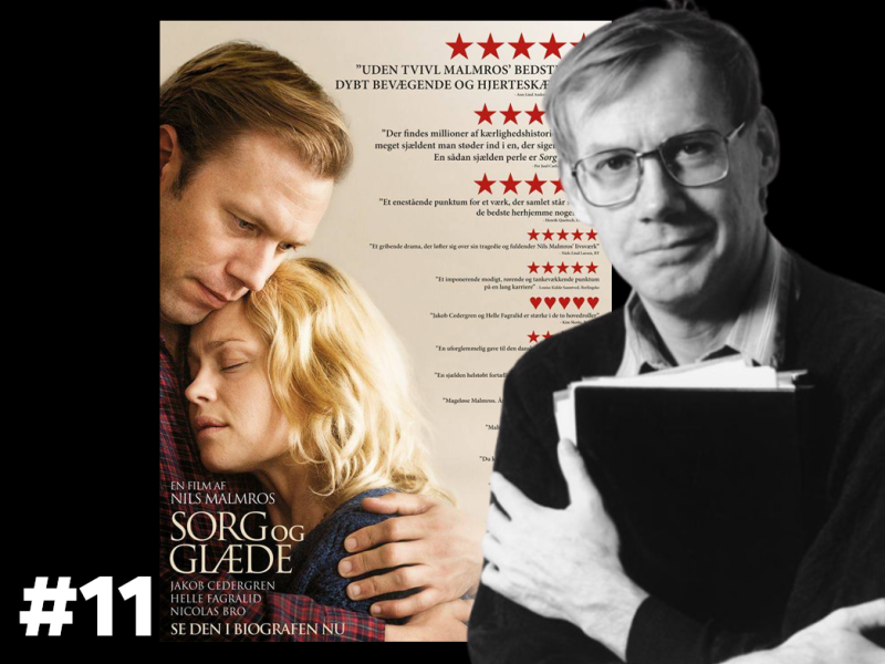 S/H-portræt af Nils Malmros foran plakaten til "Sorg og glæde"