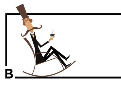 Mand sidder i gyngestol med en kop kaffe