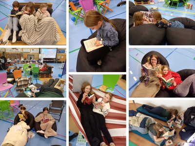 Glade børn der hygger med læsning