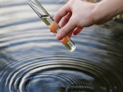 Der tages en vandprøve fra en sø i et reagensglas