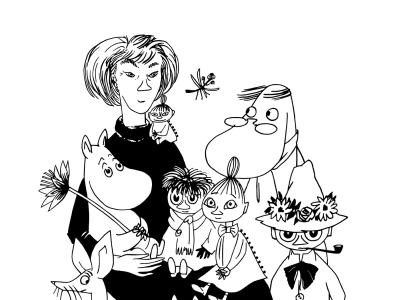 Tove Janssons selvportræt hvor hun er omgivet af Mumifigurer