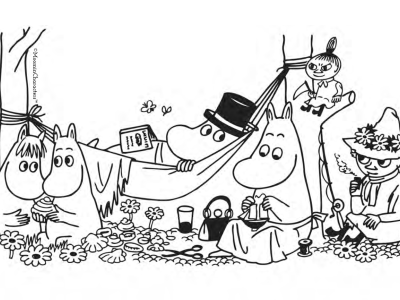 Mumifar ligger i hængekøjen omgivet af resten af karaktererne fra Mumidalen på jorden