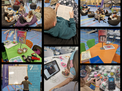 Collage af billeder fra læsemaraton med børn der sidder og læser