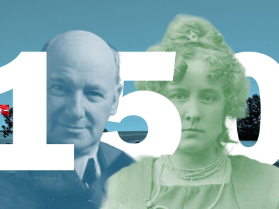 Billedkollage i blå og grønne nuancer, med tallet 150 og portrætter af Morten Korch og Thit Jensen flettet ind imellem tallene. I baggrunden et Dannebrog i en flagstang. 