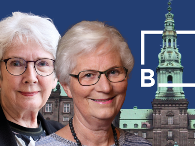 Collage med portrætter af Birgitte Josefsen og Lene Hansen. I baggrunden ses Christiansborg og Brønderslev Biblioteks logo.