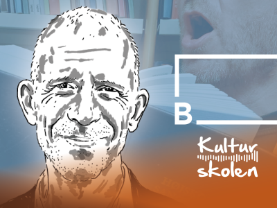 S7H-stregtegning af Fritids- og Kulturchef Rasmus Krogh. Til højre ses Brønderslev Biblioteks og Kulturskolens logoer. Som baggrund anes et underansigt og Højskolesangbogen. 