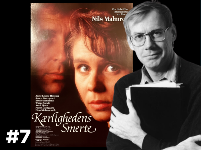 S/H-portræt af filminstruktøren Nils Malmros, der sidder med et manuskript. Bag ham ses plakaten til "Kærlighedens smerte"