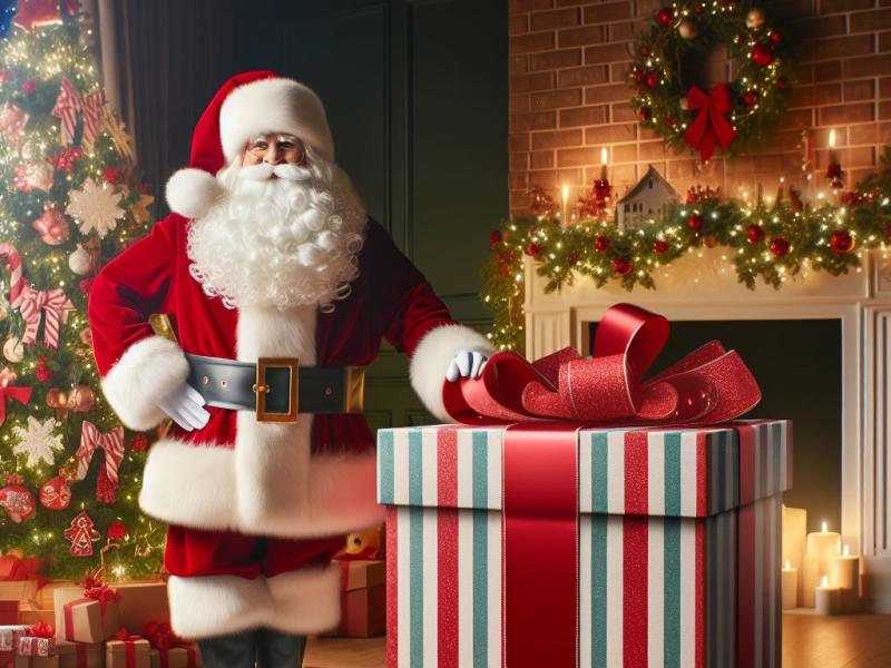 Julemanden står ved siden af en meget stor julegave i flot indpakning