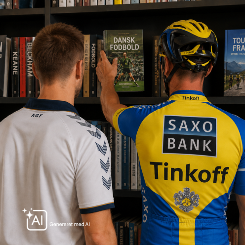 AI-genereret billede af fodboldspilleren Martin Jørgensen og cykelrytteren Nicki Sørensen, begge set fra ryggen, står foran en bogreol med bøger om fodbold og cykelsport.