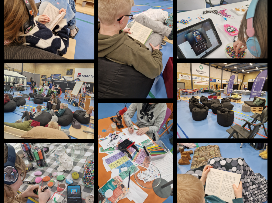 Collage med børn der læser og klippe-klistrer