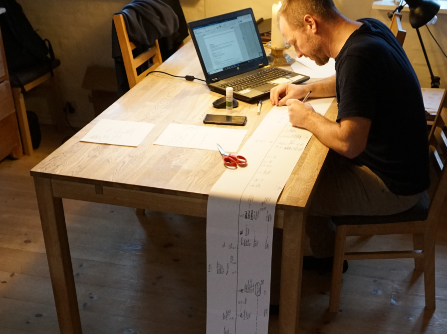 Hans Wendelboe Bøcher sidder ved en bærbarcomputer på et spisebord. Fra bordet løber en flere meter lang papirliste med håndskrevne notater ned og videre ad gulvet.