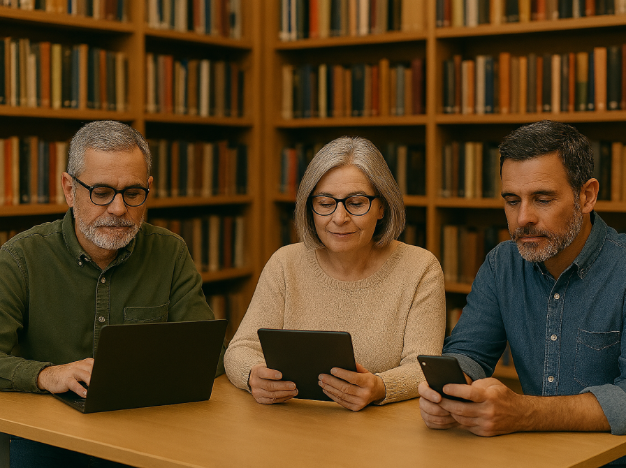 Billedet er lavet med AI og viser tre personer med pc, tablet eller smartphone. De sidder ved et bord foran reoler med bøger. 