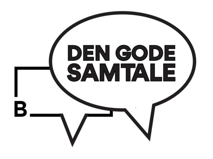 Logo "Den gode samtale" - To talebobler; den ene Brønderslev Biblioteks logo, den anden rund med teksten: Den gode samtale.