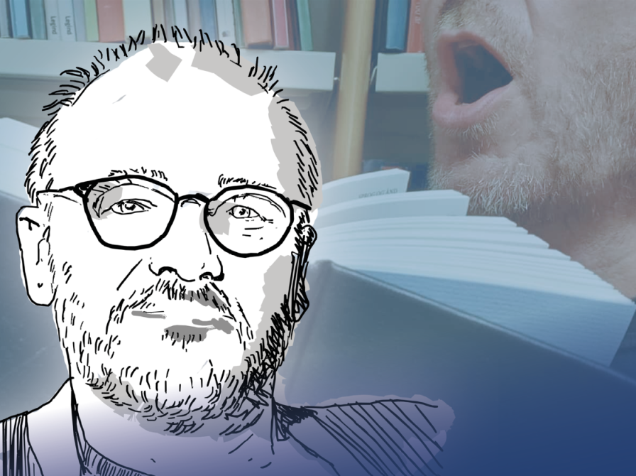 Stregtegning af Hans Wendelboe Bøcher på blåtonet billede af nærbillede af sanger med Højskolesangbogen.