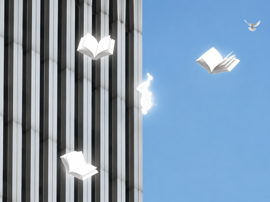 Blå, sort og hvid grafik. Den "faldende mand" fra World Trade Center følges af flere faldende bøger med blafrende bogsider. Og øverst i højre hjørne også en hvid due.