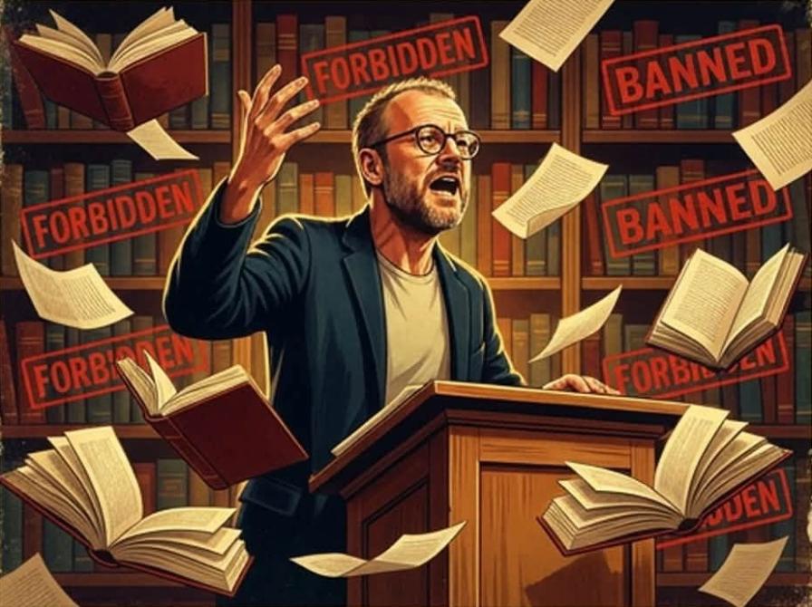 AI-genereret billede af kulturformidler Hans Wendelboe Bøcher i jakkesæt på en talerstol. Bag ham er en fyldt bogreol. Foran hver hylde er trykt teksten: "BANNED" og "FORBIDDEN". Foran og bag ham falder løse sider og hele bøger. Stemningen er alvorlig.