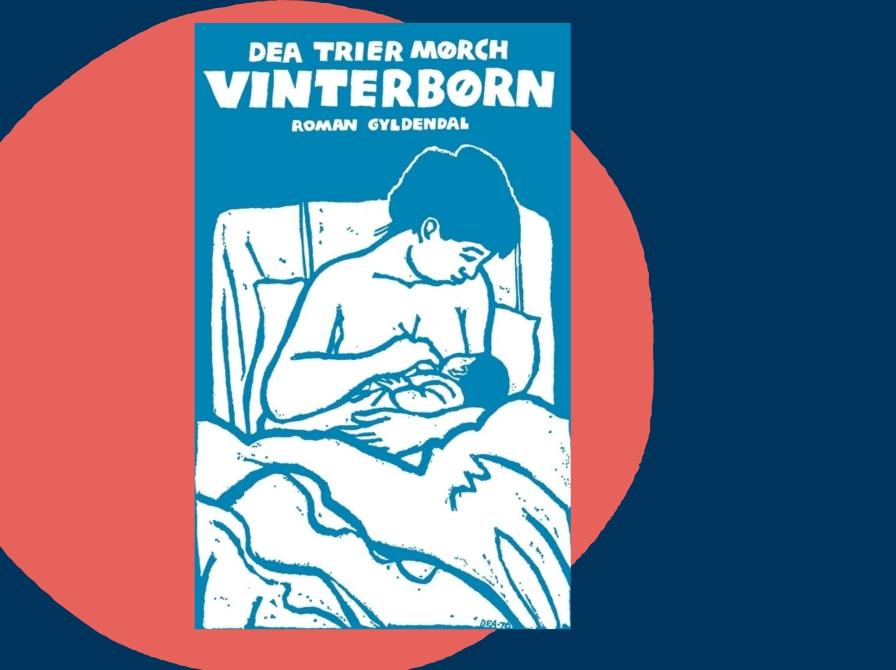 Forside til "Vinterbørn" af Dea Trier Mørch med illustration af en mor og et spædbarn, placeret på blå og rød grafisk baggrund.